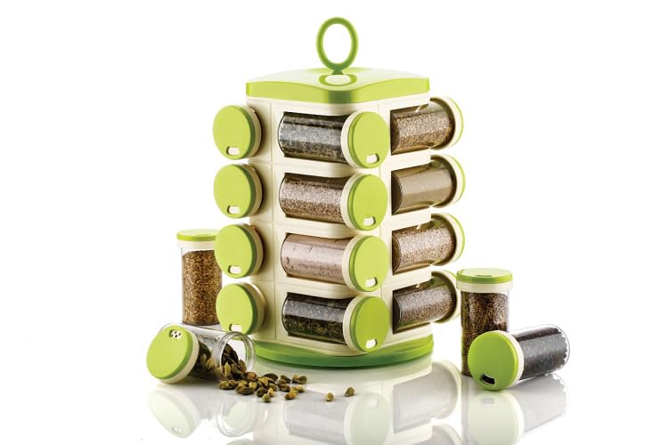 Premium 16-Piece Green Plastic Spice Rack Set For Kitchen