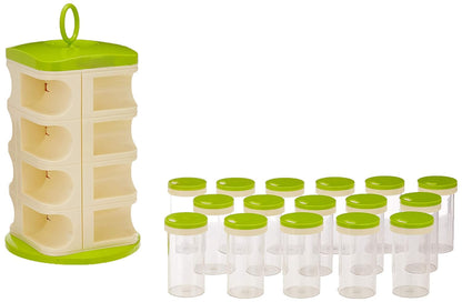 Premium 16-Piece Green Plastic Spice Rack Set For Kitchen