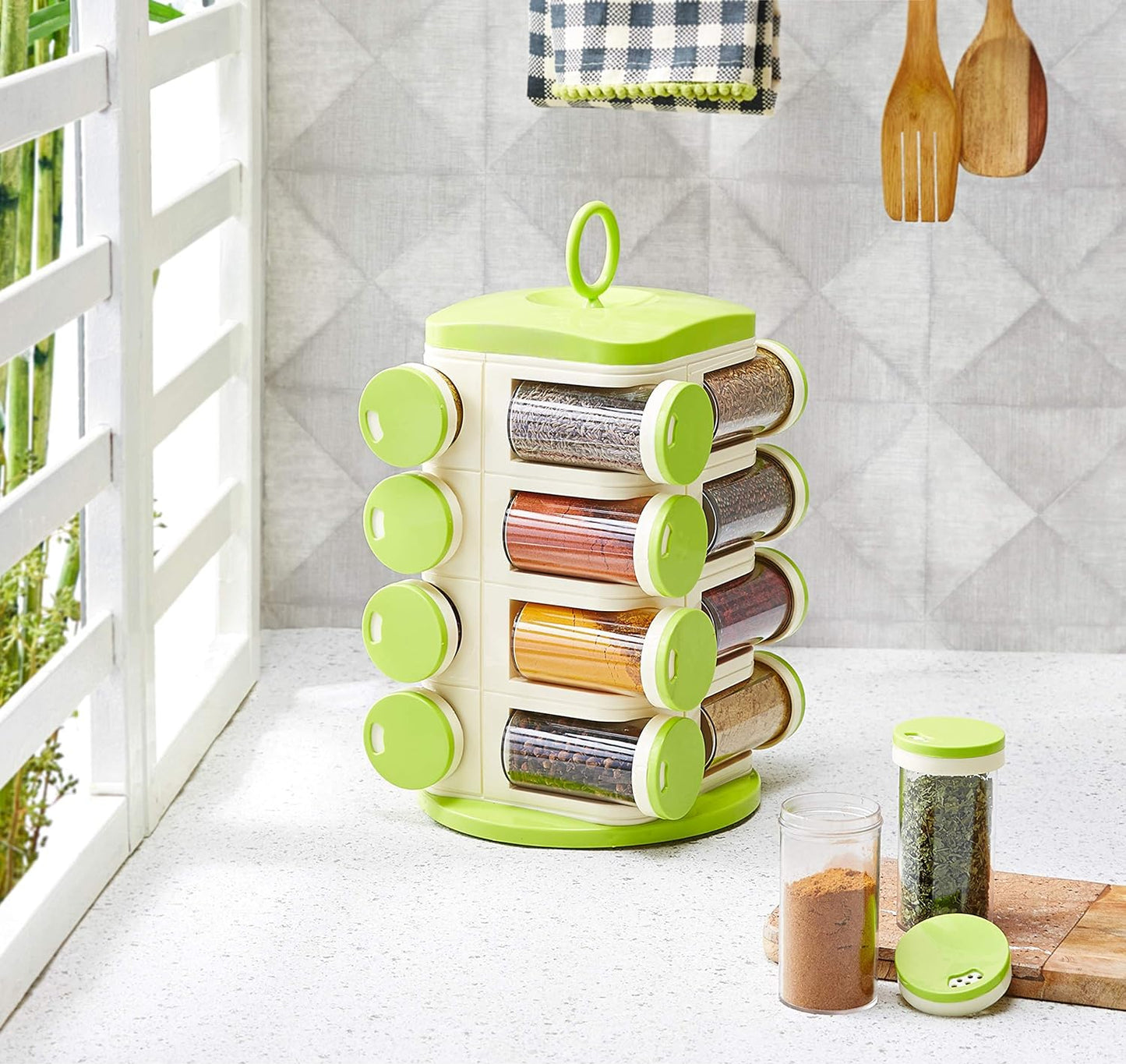 Premium 16-Piece Green Plastic Spice Rack Set For Kitchen