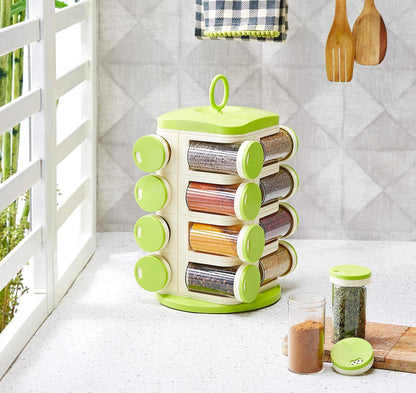 Premium 16-Piece Green Plastic Spice Rack Set For Kitchen