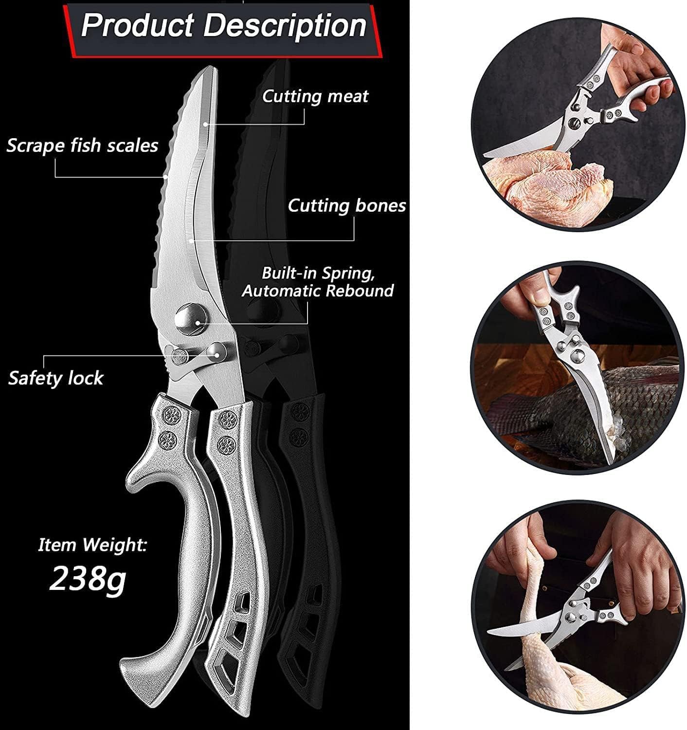Kitchen Scissors for Bones, Poultry, Meat, Fish, Food, Seafood, Barbecue, Etc